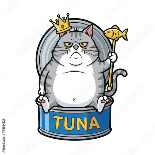 A grumpy orange tabby cat wearing a crown, ruling from a golden throne that sits inside an oversized tuna can, holding a fish scepter. Royal, moody, and hilarious cartoon illustration on white