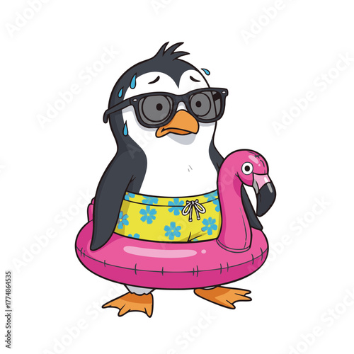 Funny Nervous Penguin in Swim Shorts and Sunglasses with Flamingo Float Ring Sweating in Heat – Humorous Animal on White Background with Summer Theme