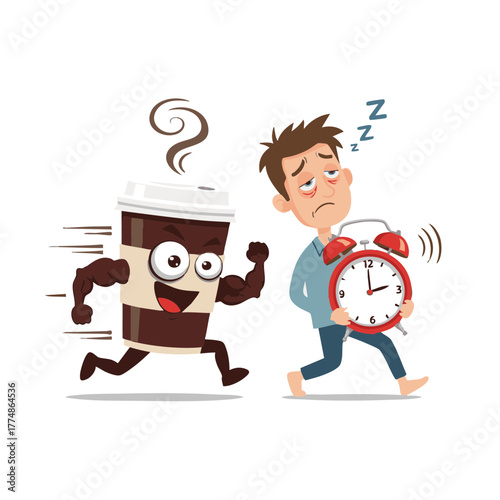 Muscular Coffee Cup Chasing Sleepy Man Holding Alarm Clock in Morning – Funny Beverage Character Representing Caffeine Boost and Wake-Up Routine on White Background