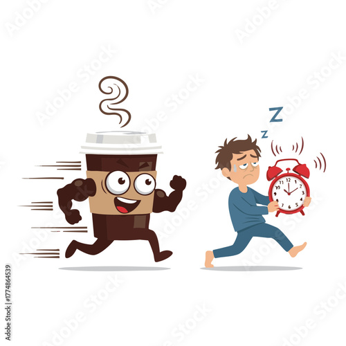 Muscular Coffee Cup Chasing Sleepy Man Holding Alarm Clock in Morning – Funny Beverage Character Representing Caffeine Boost and Wake-Up Routine on White Background