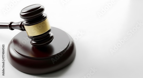 Close up of a dark wooden judge s gavel resting on its sound block