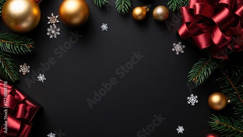 Fondo para campaña de Navidad con decoración navideña. Bolas doradas con copos de nieve y lazos rojos. con espacio para texto
