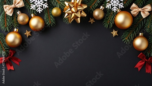 Composición festiva elegante en negro mate con ornamentos dorados, copos blancos y cintas rojas, mockup para tarjeta, flyer o publicidad con copyspace