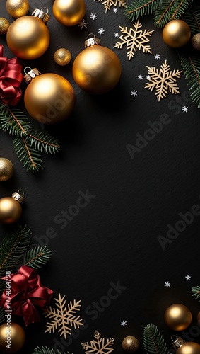 Fondo de navidad con marco festivo de ramas de abeto,  lazos rojos, bolas rojas y copos de nieve dorados. Espacio para texto