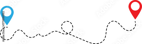Two location pins connected by a dashed route line