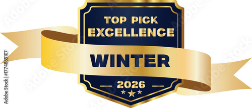Top pick excellence winter 2026 gold ribbon award badge navy blue background
