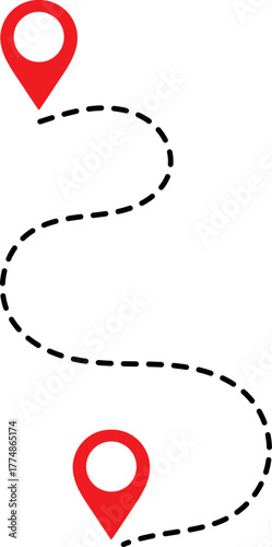 Two red map pins connected by a dashed line