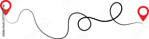 Two red location pins connected by a winding route