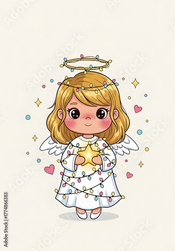 cute cartoon angel with golden halo holding star, surrounded by hearts and sparkles, festive Christmas or holiday illustration

