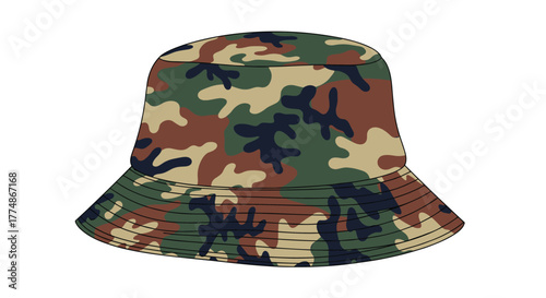 A classic camouflage bucket hat, featuring a woodland camo pattern in shades of green, brown, tan, and dark green, presented as a versatile fashion accessory on a white background.
