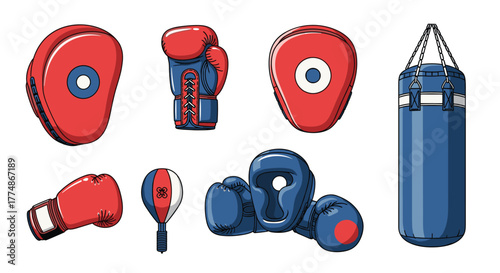 An assortment of essential boxing and combat sport equipment, featuring different types of gloves, protective headgear, focus mitts, and heavy bags for training.
