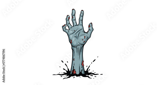 A creepy zombie hand, pale and blood-splattered, reaches from a dark, muddy grave, signifying horror, the undead, or a Halloween apocalypse.