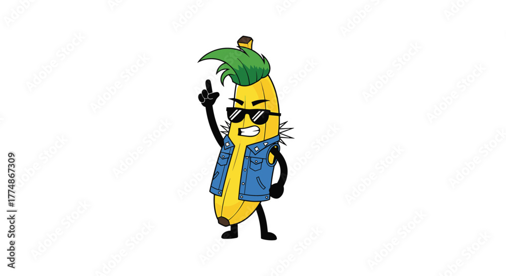 Naklejka premium A cool and rebellious cartoon banana character rocks a denim vest, spiked collar, sunglasses, and green mohawk, striking an energetic pose on a white background.