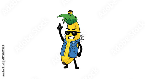 A cool and rebellious cartoon banana character rocks a denim vest, spiked collar, sunglasses, and green mohawk, striking an energetic pose on a white background.