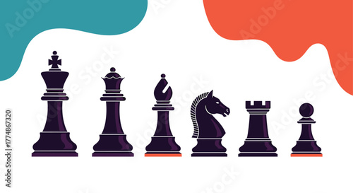 A complete set of elegant dark chess pieces, including king, queen, bishop, knight, rook, and pawn, on a clean white background with abstract teal and orange shapes.