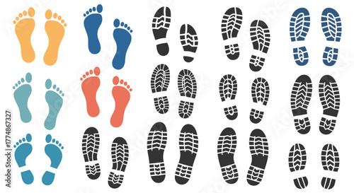 A collection of colorful barefoot prints and dark shoe sole imprints showcasing various patterns and types of human locomotion traces on a white background.