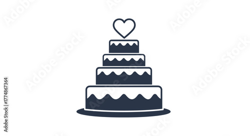 A simple, elegant vector icon of a four-tiered wedding cake with wavy frosting details and a heart-shaped topper, presented in a minimalist, flat design style.