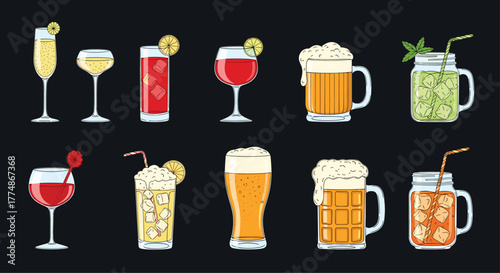 A colorful collection of various alcoholic and non-alcoholic beverages, featuring beer mugs, wine glasses, and refreshing cocktails, illustrated on a dark background.