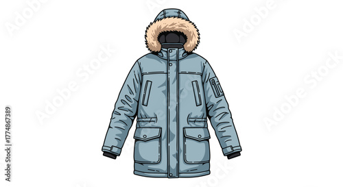 A stylish light blue winter parka jacket, designed for extreme cold weather protection, features a warm fur-lined hood and multiple functional pockets.