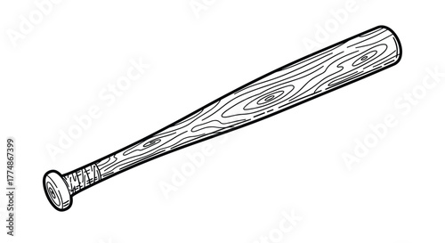 A black and white line art illustration of a wooden baseball bat with wood grain details and a taped handle, ready for a game.