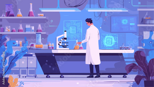 Scientist in lab coat working with beakers and microscope in a modern laboratory setting shown here
