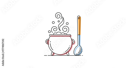 A colorful line art illustration features a steaming cooking pot or cauldron with handles and feet, accompanied by a wooden-handled ladle, set against a clean white background.