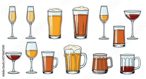 A vibrant collection of diverse alcoholic beverages presented in various glass types, including beer, wine, and cocktails, on a crisp white background.