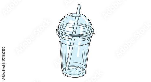 An empty, transparent plastic cup with a dome lid and a drinking straw, commonly used for cold beverages like smoothies, iced coffee, or milkshakes, isolated on a clean white background.