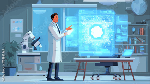 Scientist in lab coat interacting with holographic display in a modern research environment setting