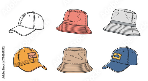 A diverse collection of fashionable headwear, including classic baseball caps and trendy bucket hats in a variety of colors and styles, perfect for casual wear.