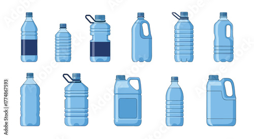 A collection of various plastic blue water bottles and containers, showcasing different designs, sizes, and features for drinking and storage.