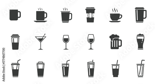 A comprehensive collection of various beverage icons, featuring hot coffee, tea, alcoholic drinks, and refreshing cold beverages, ideal for menus and digital designs.