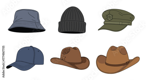 A diverse collection of various hat styles, including casual, sports, and classic headwear, illustrated and isolated on a white background.