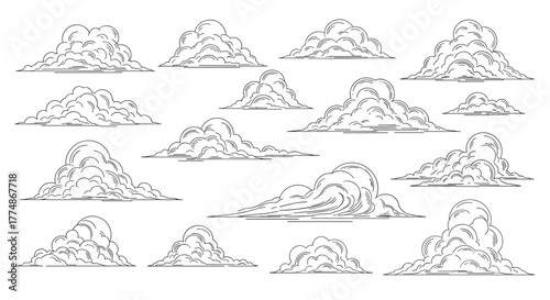 A detailed collection of hand-drawn, sketch-style cloud formations in various shapes and sizes, resembling vintage weather illustrations.