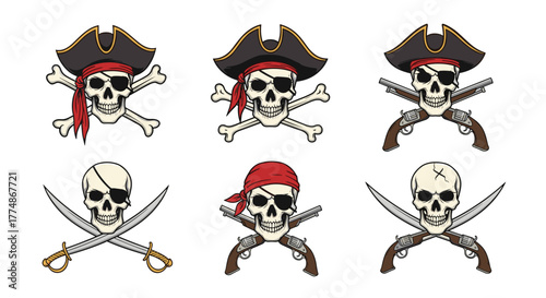 A diverse collection of six pirate skull illustrations, each featuring classic elements like eye patches, bandanas, hats, and various crossed weapons or bones.