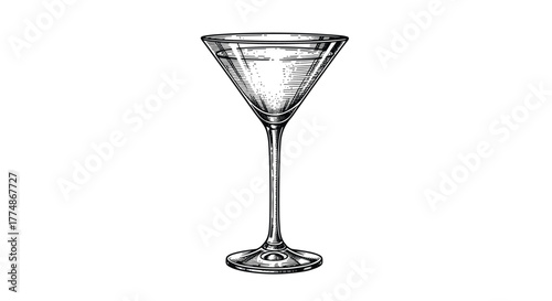 Hand-drawn black and white illustration of a classic martini cocktail glass with liquid, depicted in a vintage engraved style on a white background.
