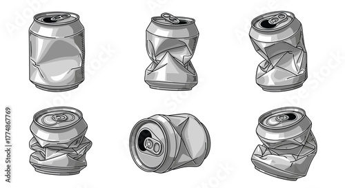 An illustration featuring a collection of six crumpled and dented aluminum beverage cans, showcasing their damaged state for recycling, isolated on a white background.