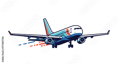 Stylized illustration of a passenger airplane ascending into the sky with landing gear extended and engine thrust lines, symbolizing travel and departure.