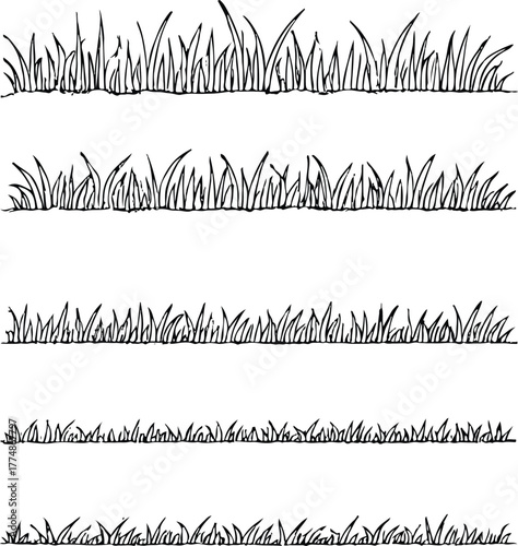 set of forest line cad, minimal isolated on white background. Ground cover. Illustration for elevation architectural element, side view, grass section. Turf coating banners for edging