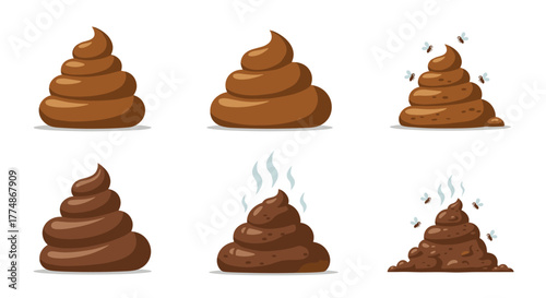 A collection of cartoon illustrations depicting brown poop piles in various forms, some steaming or attracting flies, on a clean white background.