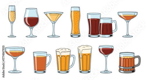 A diverse collection of popular alcoholic beverages displayed in various glass types, suitable for menus, bar themes, and drink-related designs.