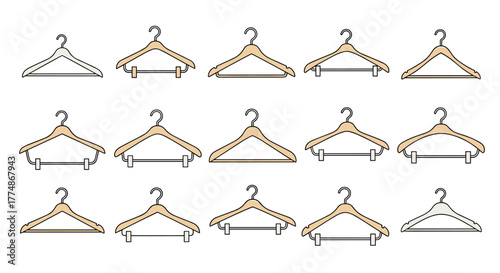 A collection of various clothes hangers in different styles and materials, including wooden and plastic options, suitable for organizing a wardrobe.