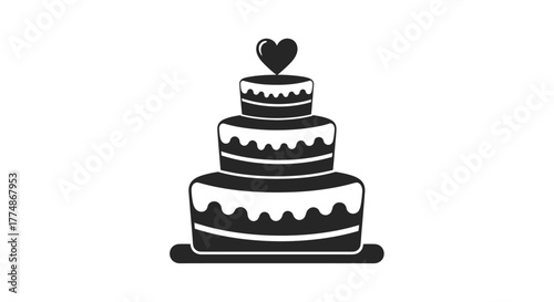 A classic and elegant three-tiered wedding cake icon, beautifully decorated with delicate frosting and topped with a charming heart, perfect for celebrations and special occasions.