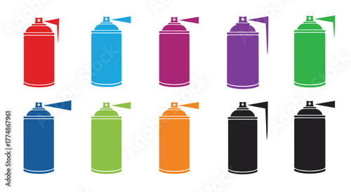 A diverse collection of ten colorful spray paint cans, presented as minimalist icons, showcasing various designs including some with a handle and an active spray.