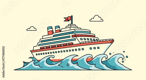 A vibrant pixel art illustration showcases a majestic passenger cruise ship with red and blue accents, navigating choppy ocean waves under a serene sky with light clouds.