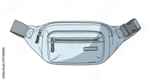 A sleek, minimalist illustration of a light blue fanny pack with a zippered front pocket and an adjustable strap, perfect for travel or everyday use.