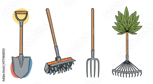 A set of four essential hand-drawn gardening tools including a shovel, a cultivator, a digging fork, and a leaf rake, ready for various garden tasks.