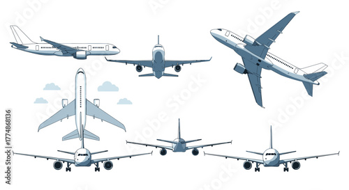A collection of commercial airplanes presented in multiple views like side, top, front, and dynamic aerial perspectives on a white background.