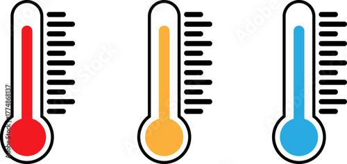 Three colorful thermometers showing different temperature levels