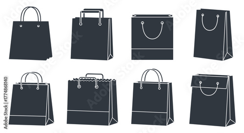 Collection of various black shopping bag icons with different handle styles and shapes, representing retail, gifting, and consumerism in a minimalist design.